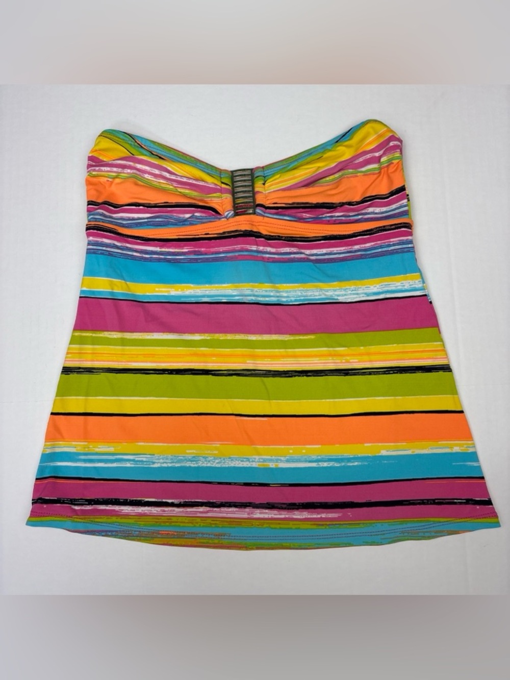 Anne Cole Signature Women Small Swim Top Stripes Gold Metal Accent Strapless